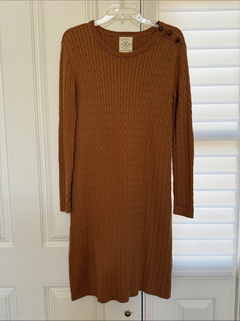 Hope & Henry Cable-Knit Long Sleeve Dress with Shoulder Buttons & Elbow Patches